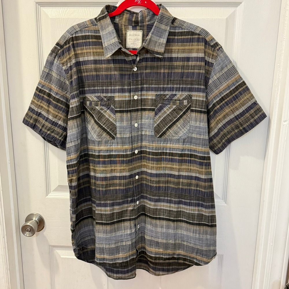 Billy Reid Mens XXL Multicolor striped Standard Cut Short Sleeve Button Up Shirt